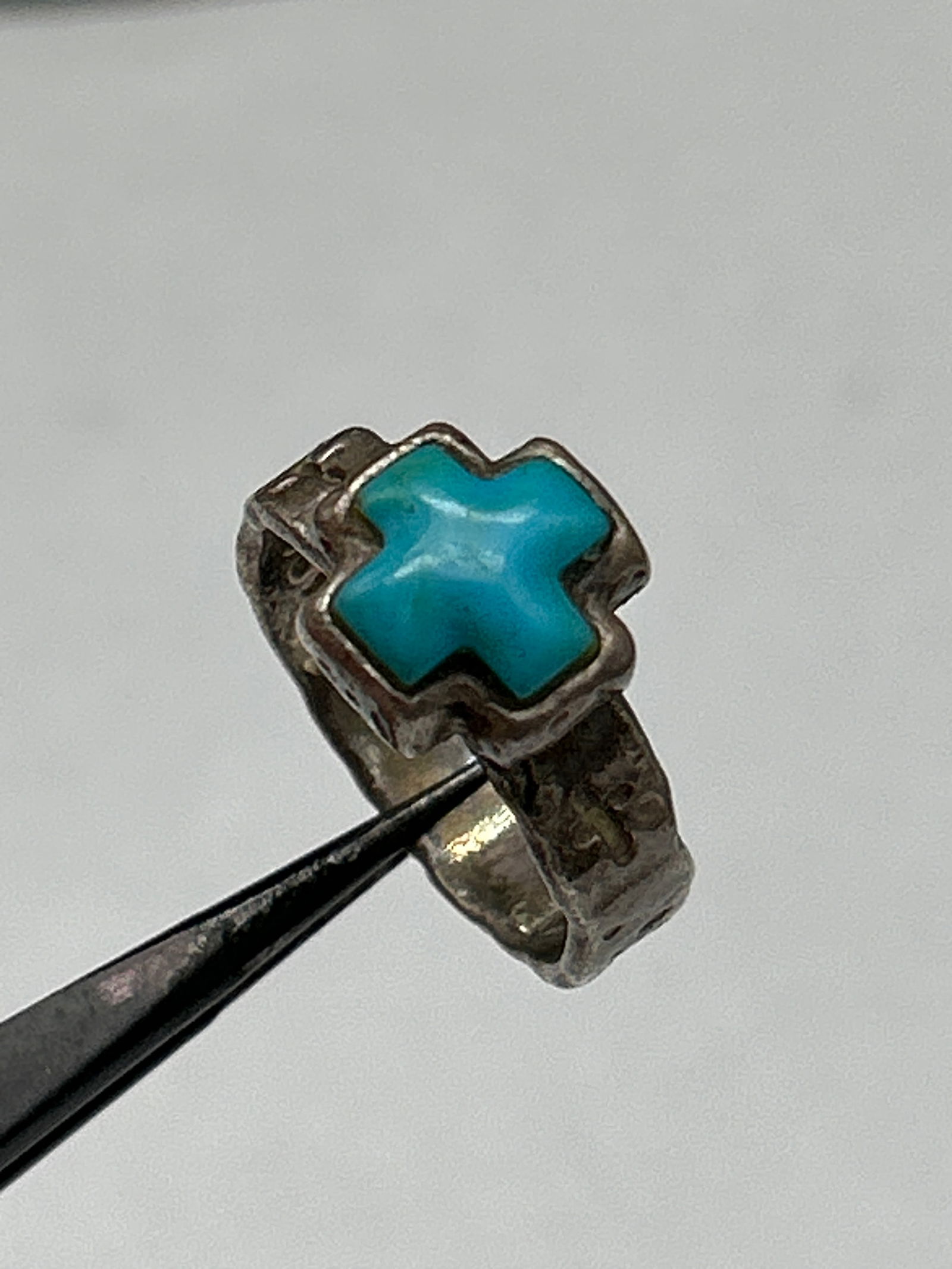Peyote Bird Sterling Silver Hammered Ring w/Turquoise Cross & Crosses on Shank, Marked PB925, Size 7 (1 of 4)
