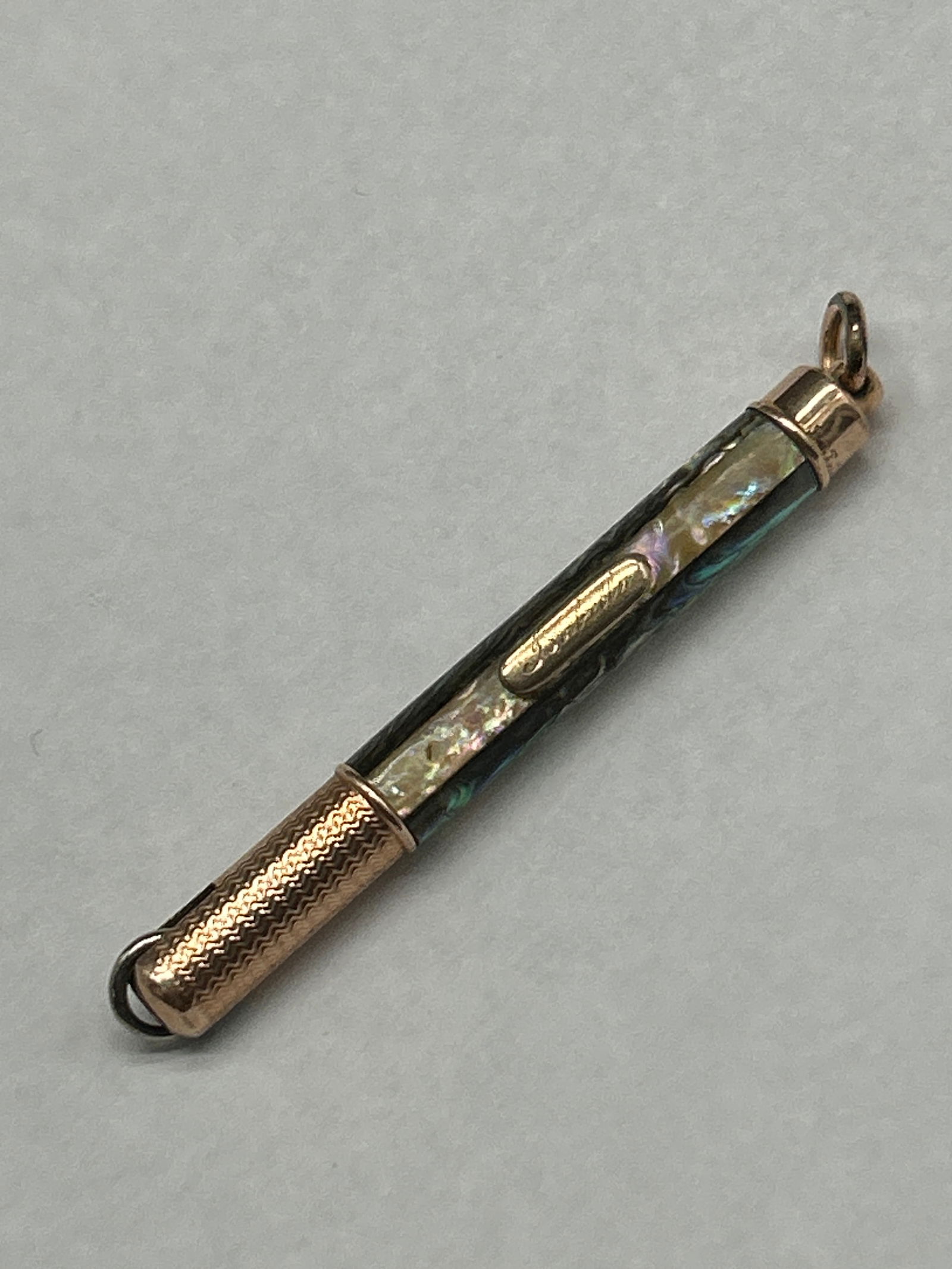 Antique Sliding Button Hook, Glove Hook, Rose Gold Toned, MOP & Abalone Inlay, Engraved Isabella (1 of 5)