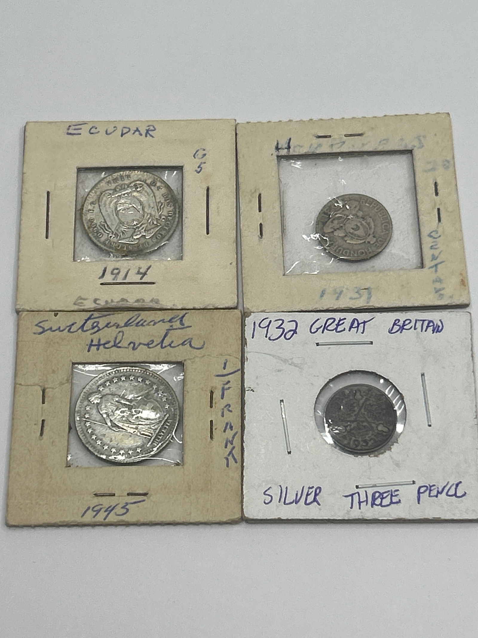 Silver Foreign Coin Lot in Display Sleeves - Early to Mid 1900s, Ecuador, Switzerland, Honduras, GB (1 of 5)