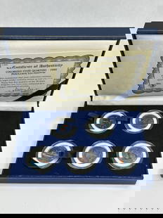1999 Inaugural Edition, Five Colorized State Quarters in Case with COA, The Morgan Mint, USA: **Bidding on this lot is acceptance of Terms & Conditions found in the Auction Details section at the top of our Auction. Bidder agrees all questions should be submitted prior to placing a bid.**