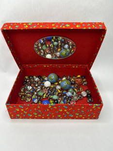 Vintage Glass Marble Collection in Fabric Covered Trinket Box, Mirror under Lid, Box is 9" x 7": **Bidding on this lot is acceptance of Terms & Conditions found in the Auction Details section at the top of our Auction. Bidder agrees all questions should be submitted prior to placing a bid.**