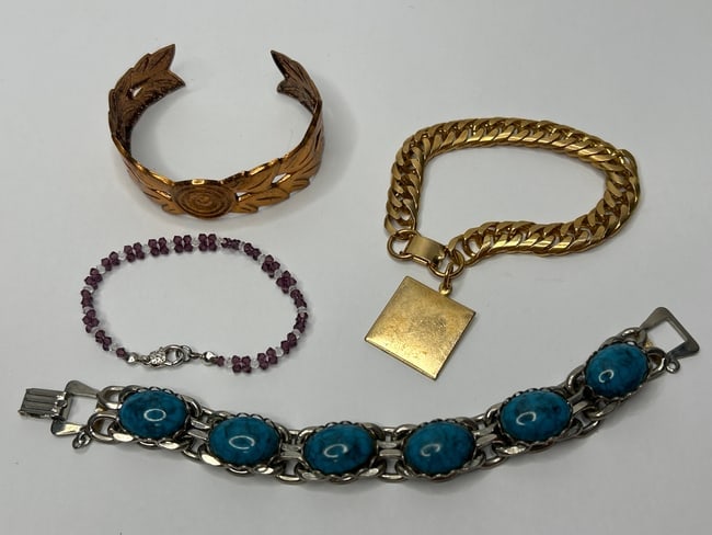 Heavy Curb Link Gold Toned Bracelet with Engraveable Pendant and Other Vintage Fashion Bracelets (1 of 5)