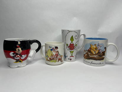 Character Ceramic Mugs - Dimensional Minnie Mouse, Tall Grinch Mug, Winnie The Pooh & Snow White: Snow White Mug has defect on lip, see photos **Bidding on this lot is acceptance of Terms & Conditions found in the Auction Details section at the top of our Auction. Bidder agrees all questions shoul