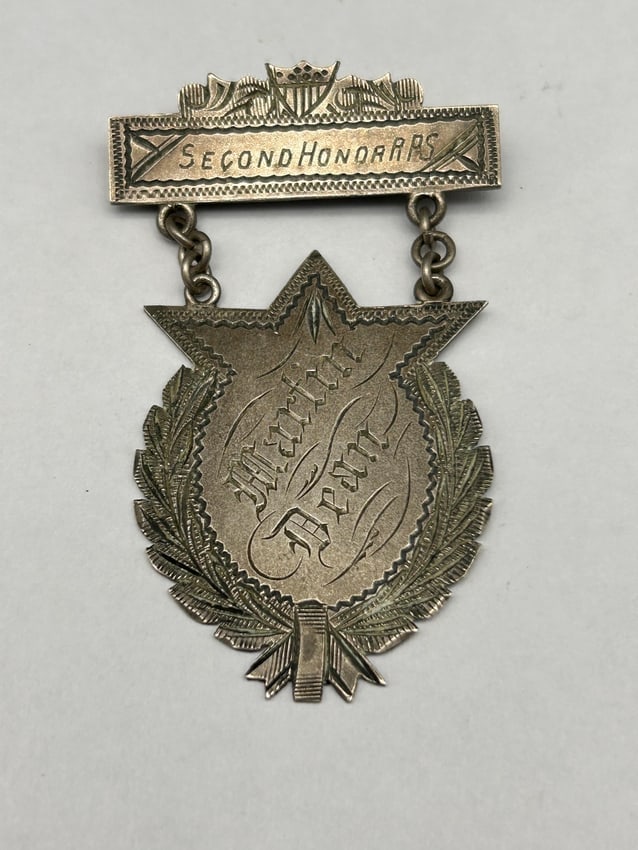 Academic Medal Bar Brooch, Silver Plated, Hanging Shield, Second Honor 1884 & 1885, Primary Dept. (1 of 4)