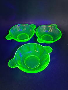 Set of 3 Green Depression Glass Berry/Dessert Bowls with Shell Closed Handles, 4.5" diameter: Glow under UV Light **Bidding on this lot is acceptance of Terms & Conditions found in the Auction Details section at the top of our Auction. Bidder agrees all questions should be submitted prior to p