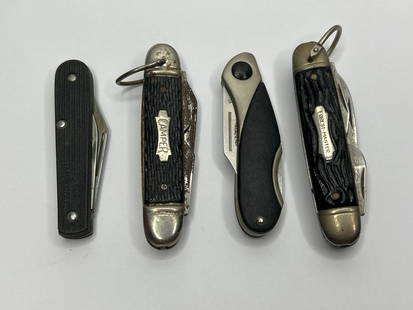 Four Vintage Pocket Knives, Folding Blades, Camping, Utility, About 3.5" When Closed: **Bidding on this lot is acceptance of Terms & Conditions found in the Auction Details section at the top of our Auction. Bidder agrees all questions should be submitted prior to placing a bid.**