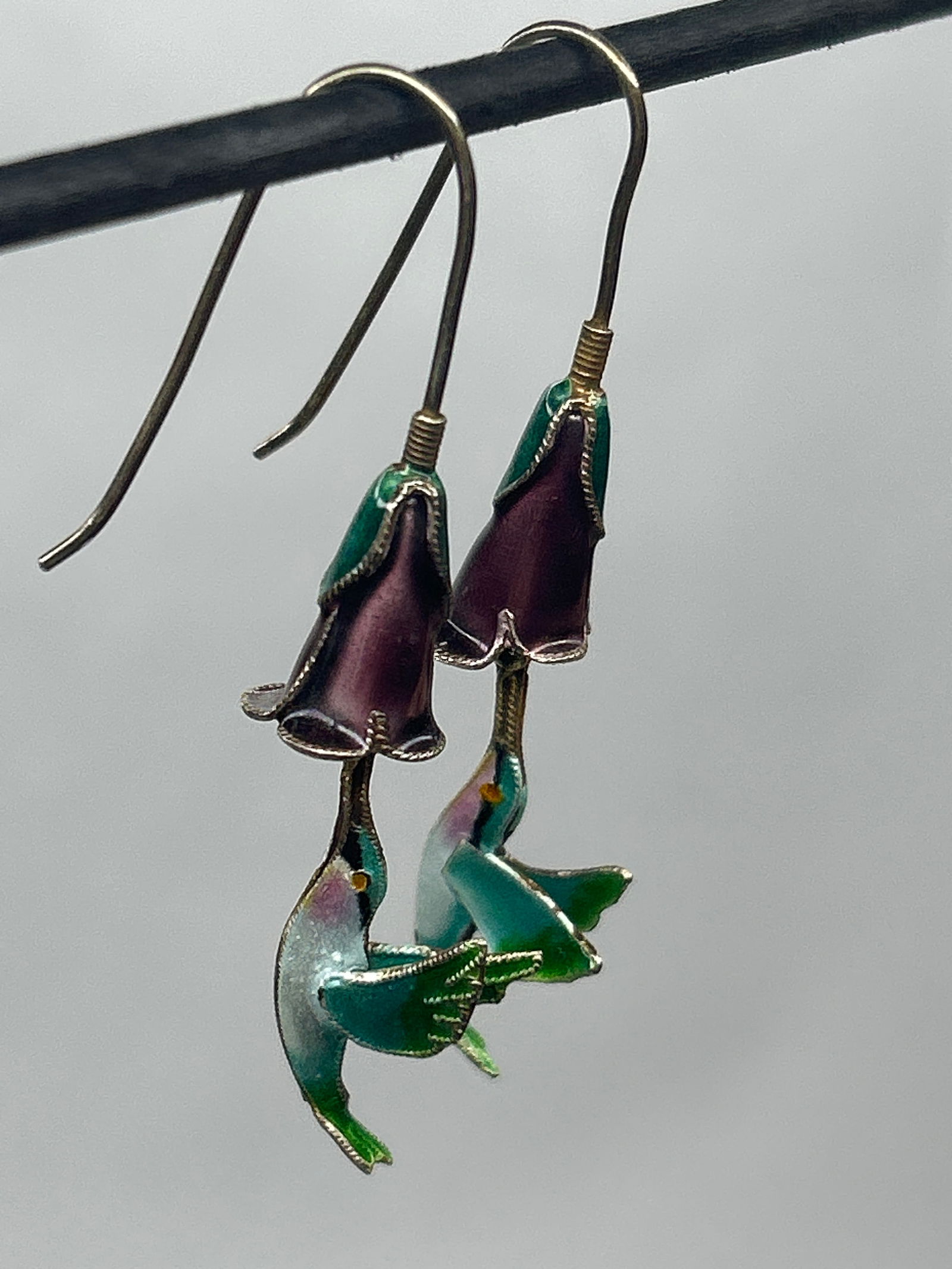 Handcrafted Sterling Silver and Enamel Hummingbird and Flower Dangle Earrings, Unmarked (1 of 4)