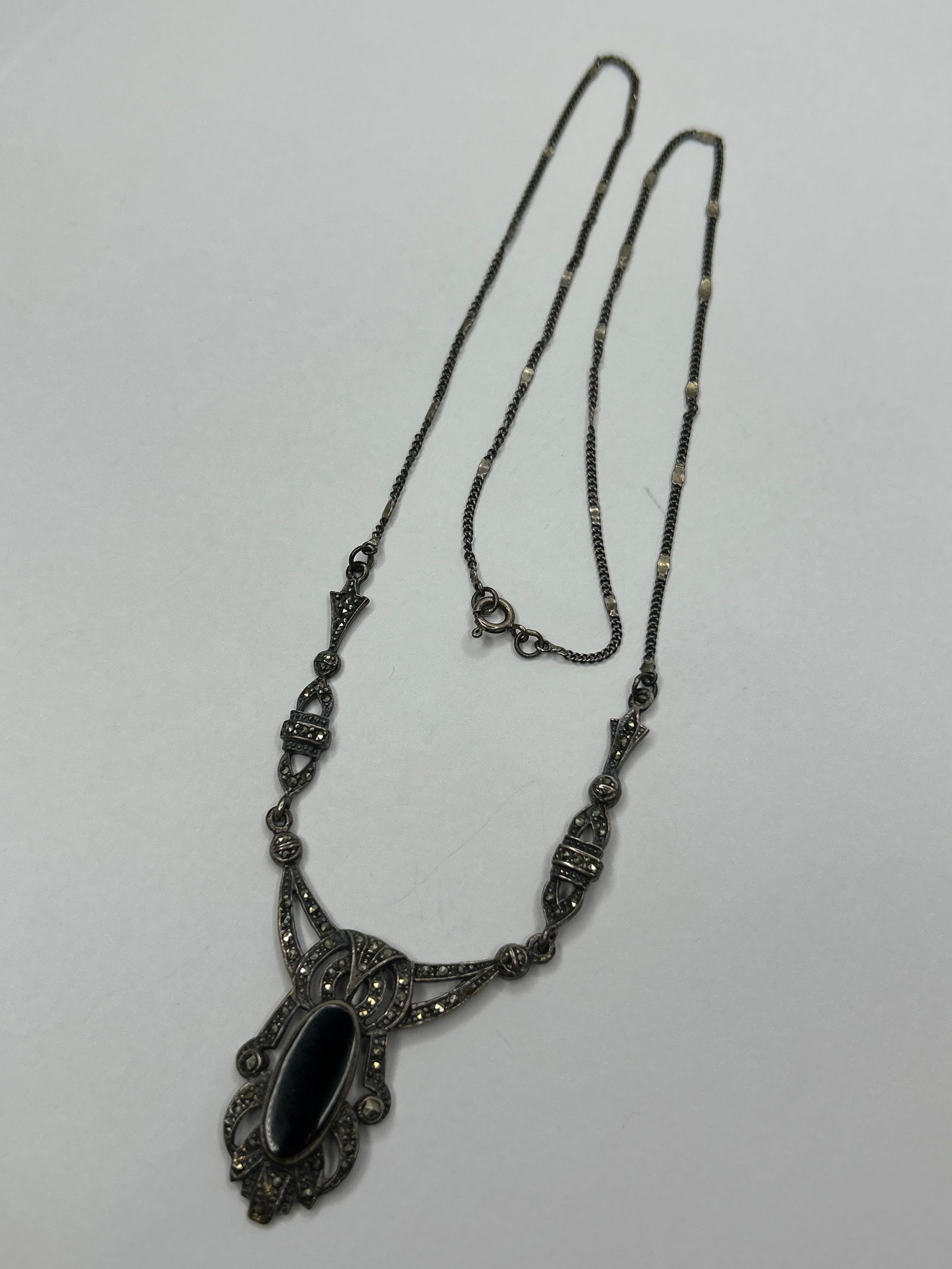 Victorian Style Sterling Silver & Marcasite Statement Necklace, Oval Onyx Feature, Station Link, 925 (1 of 5)