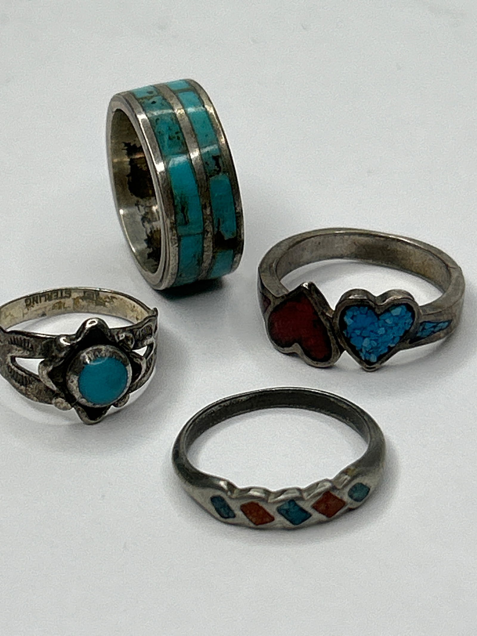 Four Silver Southwestern / Native American Style Rings with Turquoise and Coral Accents (1 of 4)