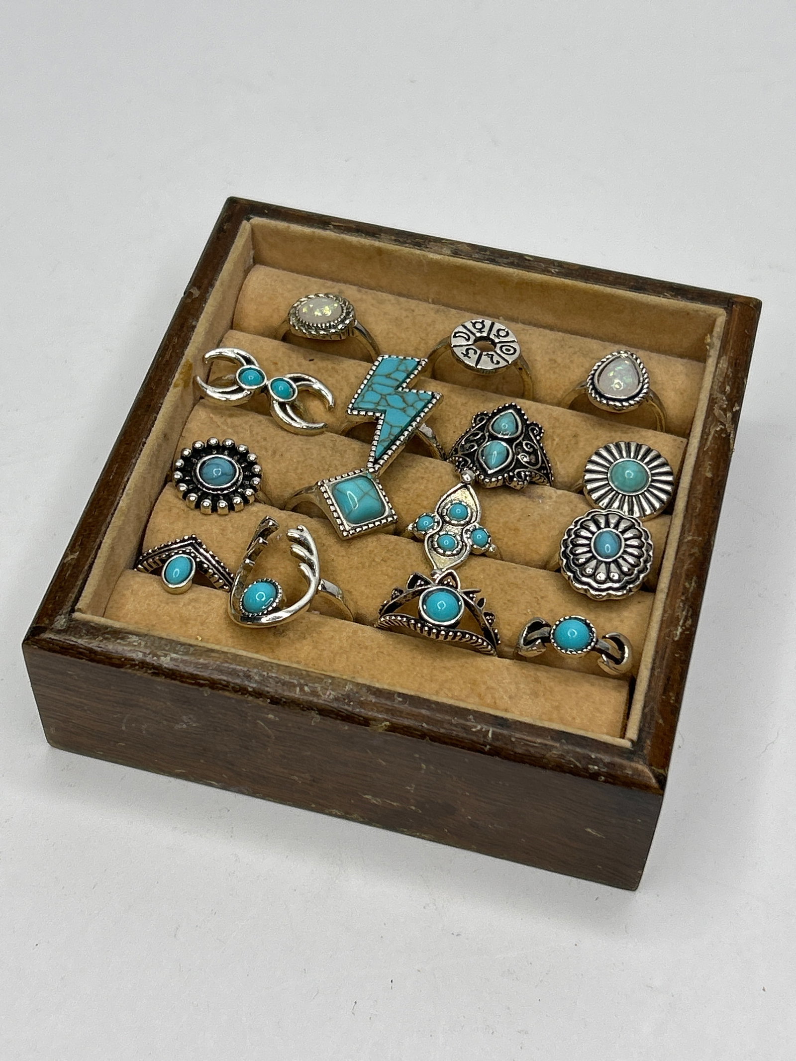 Wooden Ring Sorting Tray with (15) Silver Toned Southwestern Style Rings with Faux Turquoise & Opal (1 of 4)