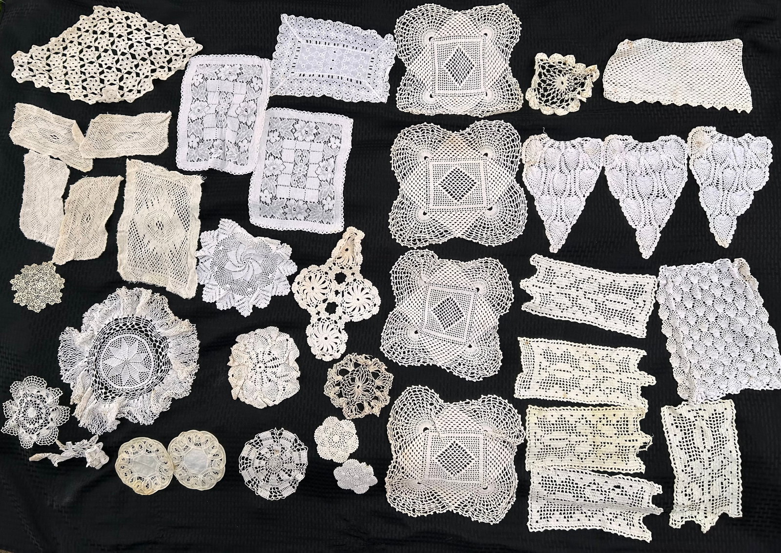 Lot of Vintage Crochetted Doilies, Embroidered Coasters, Napkins, Placemats, White Lace, up to 18": Some staining, cleaning responsibility of buyer. Dims are for box **Bidding on this lot is acceptance of Terms & Conditions found in the Auction Details section at the top of our Auction. Bidder agree