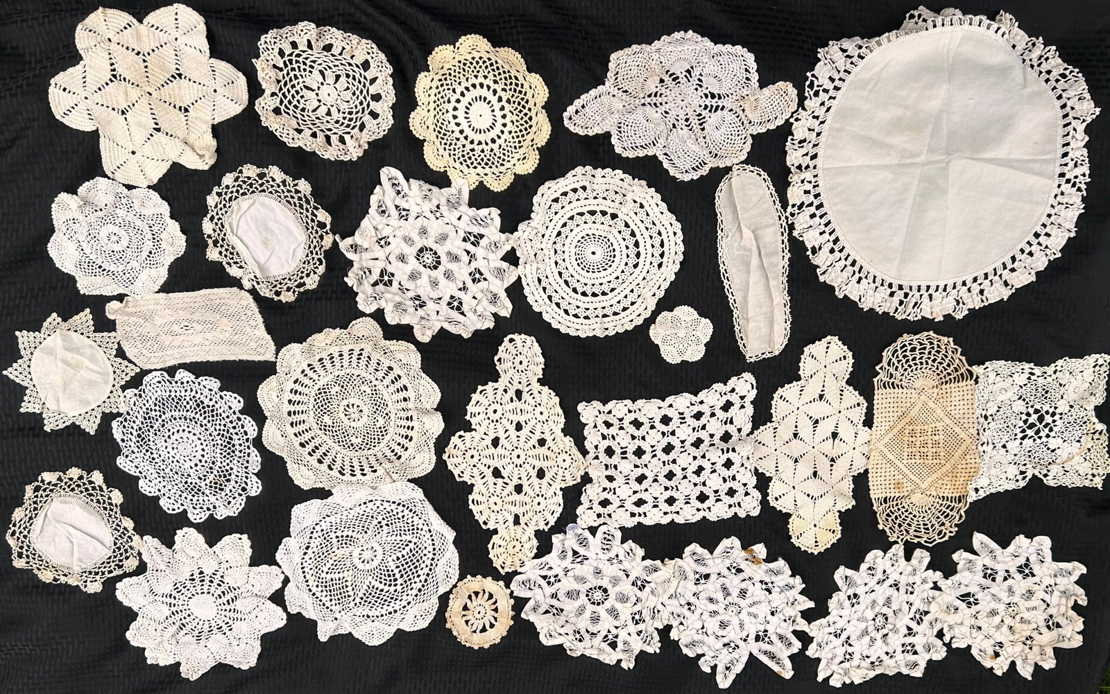 White & Beige Assorted Crochetted Doilies, Different Sizes and Patterns, Largest 19" Diameter: Cleaning responsibility of buyer. Dims are for box **Bidding on this lot is acceptance of Terms & Conditions found in the Auction Details section at the top of our Auction. Bidder agrees all questions