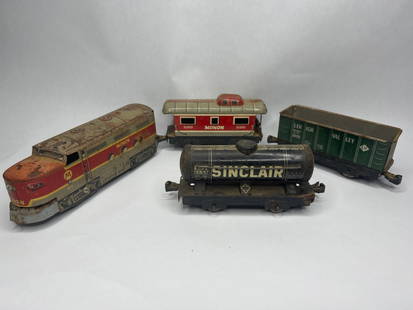 Marx Manon Tin Litho Model / Toy Train Engine and other Cars, Average Length 8": **Bidding on this lot is acceptance of Terms & Conditions found in the Auction Details section at the top of our Auction. Bidder agrees all questions should be submitted prior to placing a bid.**