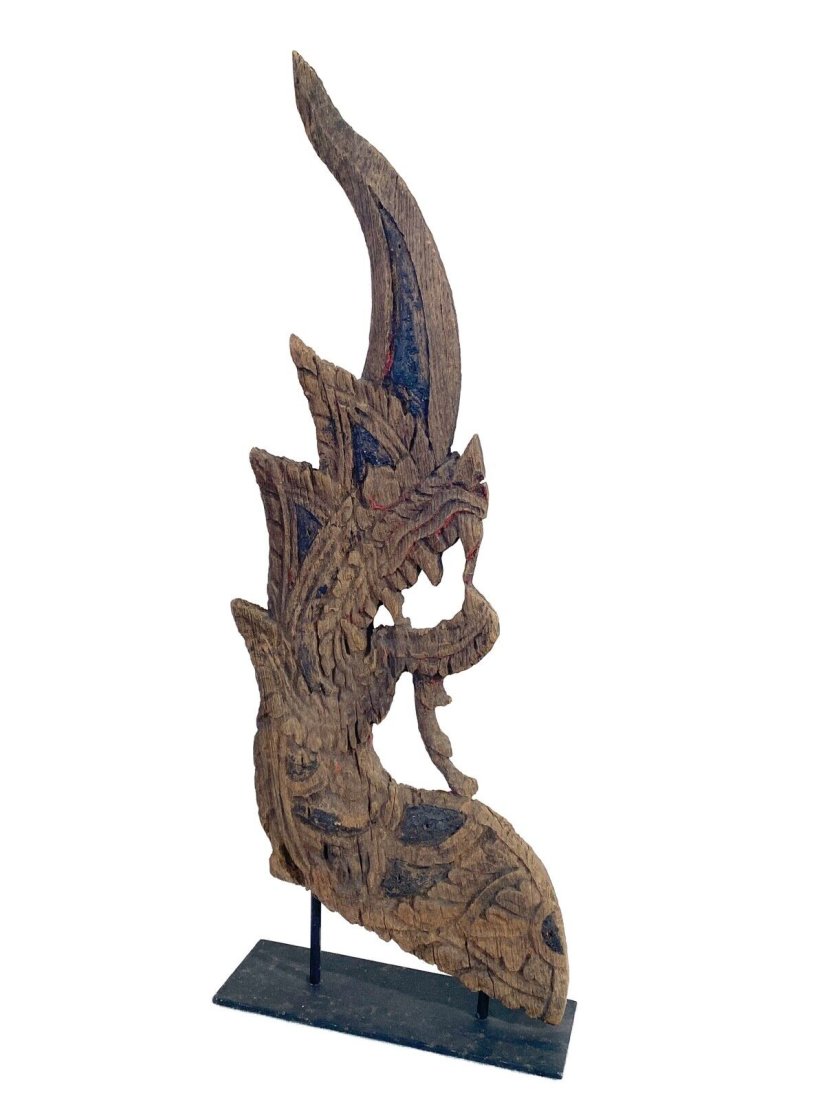 19th Century Thai Naga Wooden Roof Finial Sculpture on Iron Stand 31.5" In. High (1 of 7)
