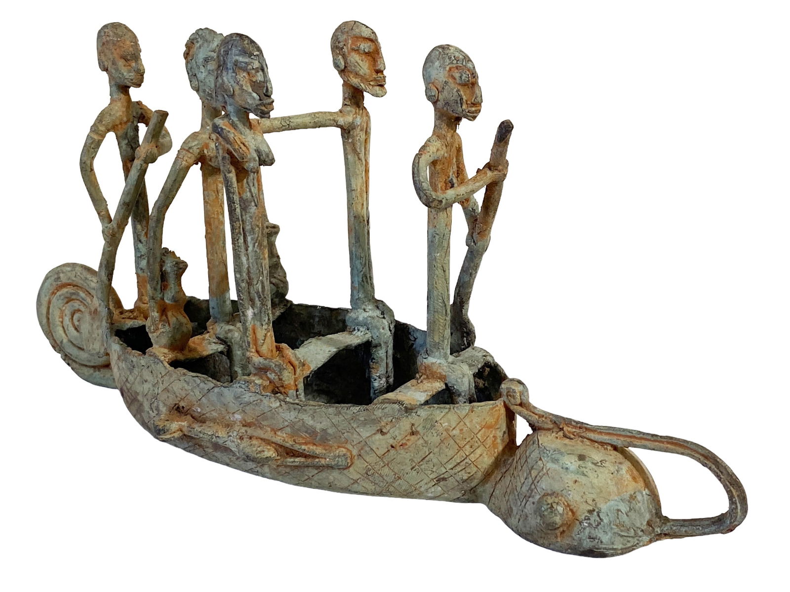 African Dogon Bronze Chameleon Pirogue / Boat with Figures - Mali. 10" In. Length (1 of 8)