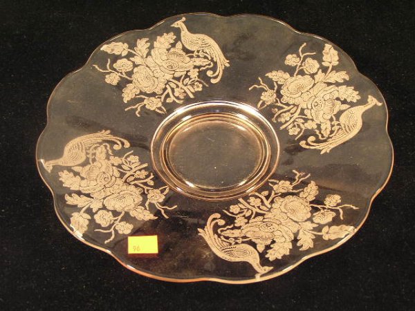 PADEN CITY PEACOCK & ROSE ON CHERRY GLOW GLASS