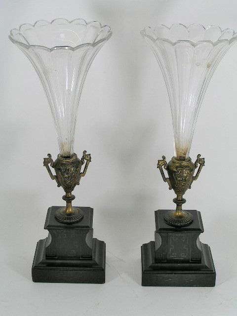 PAIR - ANTIQUE EPERGNE'S: CHRYSTAL FLUTES MOUNTED IN A GOLD GILT EARN SET UPON A MARBLE BASE - MEASURES 20" T EACH