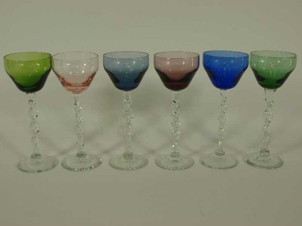 SET 6 VINTAGE COLORED GLASS CORDIALS