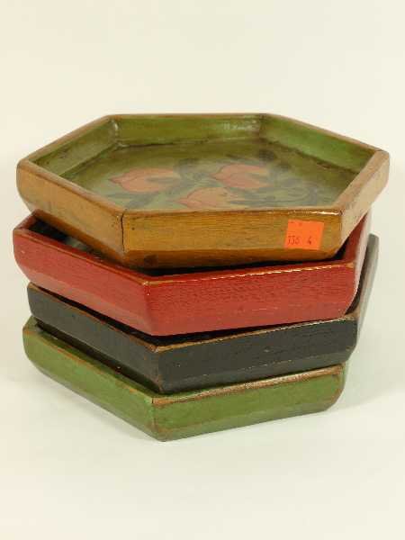 ANTIQUE SET OF 4 CHINESE WOODEN POLYCHROME TRAYS