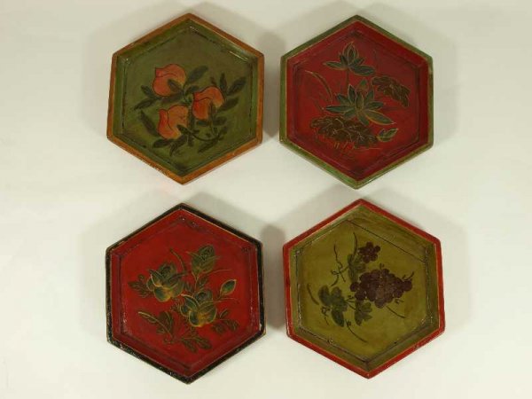ANTIQUE SET OF 4 CHINESE WOODEN POLYCHROME TRAYS - 2