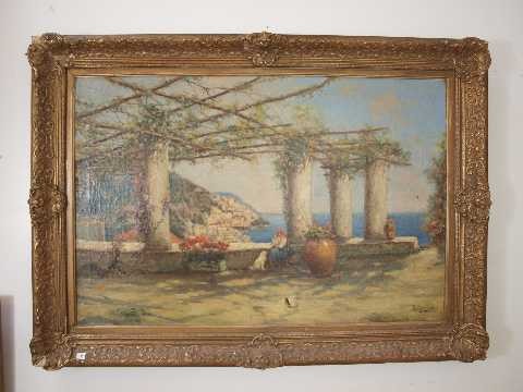 Nicholas (Nicolas) Briganti (1861 - 1944) Landscap: Old Italy View From the Terrace - Nicholas Briganti painted luminous landscapes of bucolic scenes. Briganti exhibited at the New Bedford Art Club and his work is in the New Bedford Free Public Library