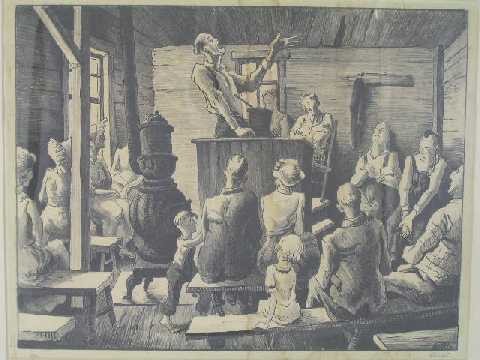 Very Fine - Thomas Hart Benton Lithograph: Signed twice, lower right, once in pencil - "The Meeting" - Water damage has discolored 25% of paper - Sight size 9.5" x 12" - Framed Measurements 15.5" x 18.5"