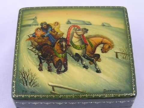 Russian Lacquer Box: Depicting 3 horses pulling sled with family in winter - Measures 2.75" wide