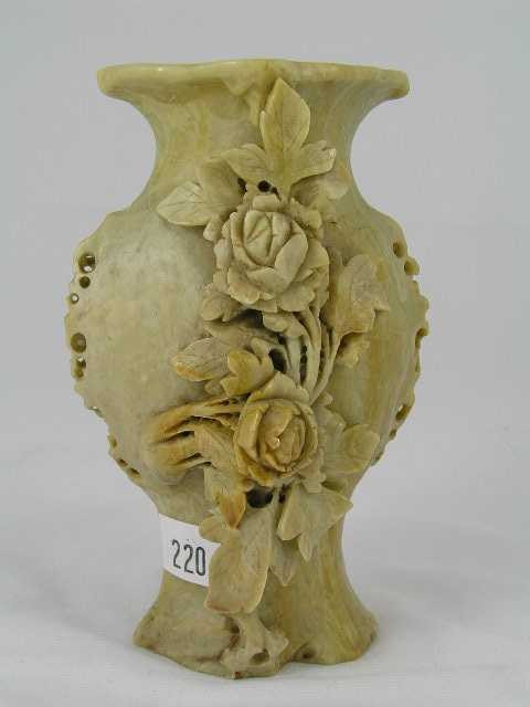 Early Chinese Carved Soapstone Vase: Measures 6.5" tall