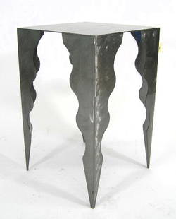 CONTEMPORARY SCULPTED CUT METAL TABLE: BRUSHED FINISH - MEASURES 24" X 15" SQ - F360
