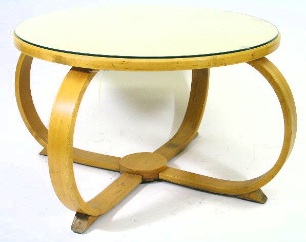 VTG ALVAR AALTO STYLE BULBOUS TABLE: BENTWOOD LEGS WITH ROUND TOP & CUSTOM MADE GLASS PC - MEASURES 19" TALL X 30" DIA - F216