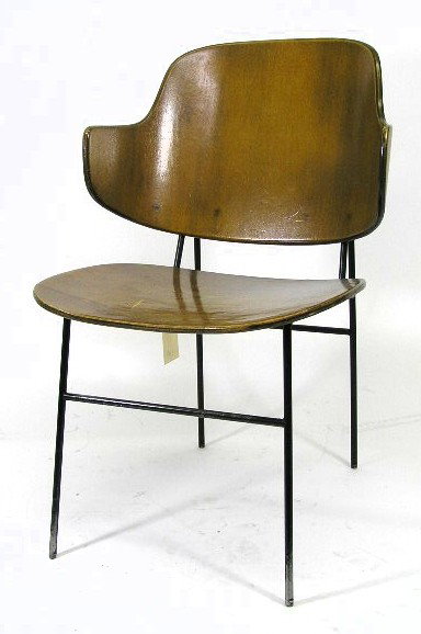 EAMES - HANS WEGNER - MOLDED PLYWOOD CHAIR: FEATURES IRON BASE WITH UPHOLSTERED SEAT & MOLDED BACK - MEASURES 33"T - F200