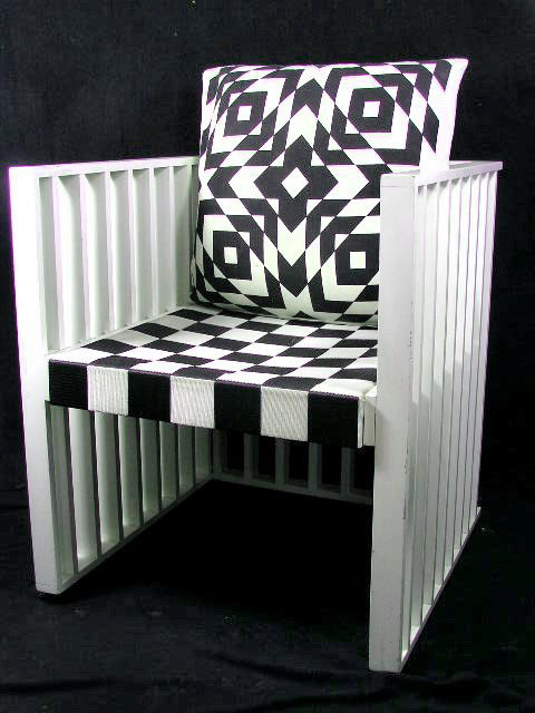 KOLOMAN MOSER CHAIR - REISSUE - PURKERSDORF SANATOR: ORIGINALLY PRODUCED IN 1902 - WHITE WOOD FRAME WITH BLACK & WHITE CUSHIONS- MEASURES 34"X24"X24" - F363