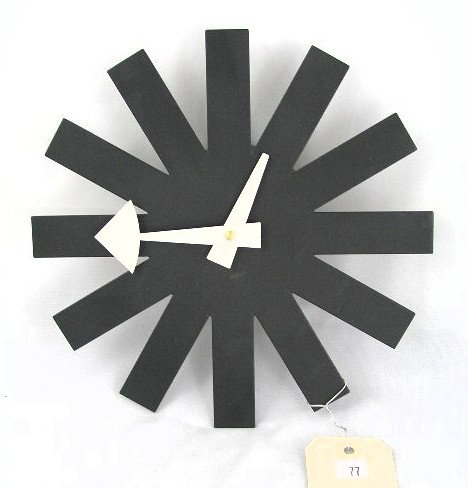 GEORGE NELSON BLACK WALL CLOCK - REEDITION: VITRA DESIGN MUSEUM - BLACK RADIAL ARMS WITH WORKING QUARTZ MOVEMENT - MEASURES 10" DIA - F520
