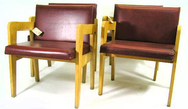 SET 4 - JEAN PROUVE STYLE ARM CHAIRS: BLONDE WOOD FRAME WITH RED VINYL UPHOLSTERY - EACH MEASURE 31"T X 26"W X 24"D - F613