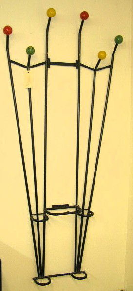 EAMES ERA WALL MOUNTED COAT RACK - FRENCH: HALL TREE - 1950'S FRENCH MODERNE - PROBABLY HAD MIRROR - WROUGHT IRON RODS COLORED BALLS TO HOLD COATS - MEASURES 72"T X 32"W - F375