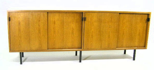 EARLY KNOLL CREDENZA WITH LEATHER PULLS: ORIGINAL WITH WOOD FORMICA TOP - 4 SLIDING DOORS WITH ORIGINAL LEATHER PULLS ON SQUARE METAL LEGS - KNOLL LABEL ON BOTTOM - MEASURES 28" X 71" X 18" - F