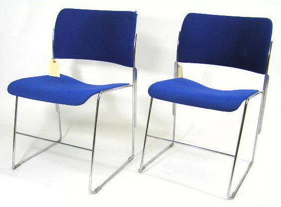 PAIR STACKING CHAIRS - DAVID ROWLAND 40/4: ORIGINAL FABRIC WITH TAG ON BOTTOM - MEASURES 31" TALL EACH - F129