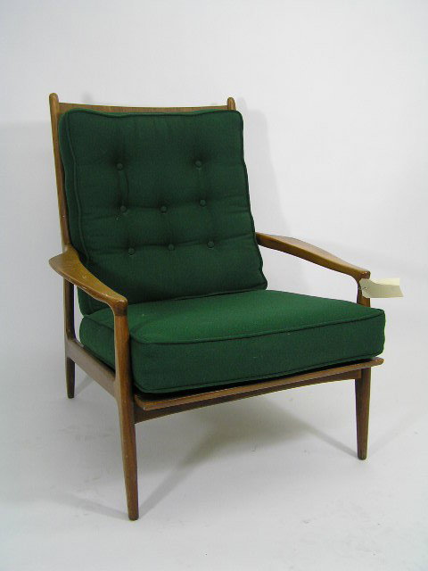 VINTAGE DANISH ARM CHAIR: FEATURING GREEN UPHOLSTERY ON A WOOD SLAP FRAME -70'S SCANDINAVIAN DESIGN - MEASURES 37"T X 24"W X 32"D - F419