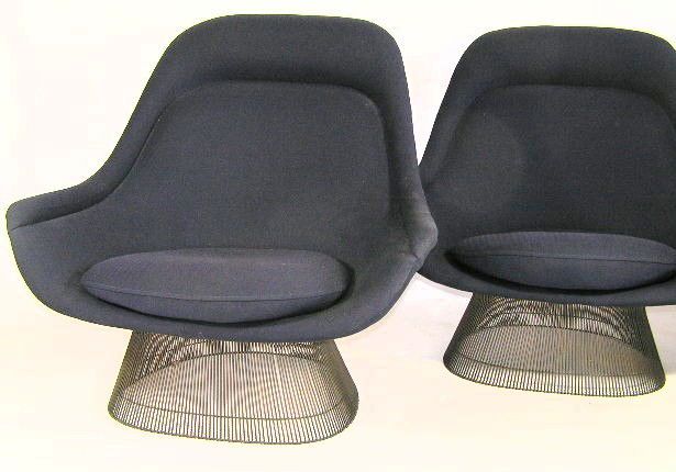 PAIR - WARREN PLATNER - WIRE ARMCHAIRS: WARREN PLATNER WIRE COLLECTION OF 1964 - ORIGINAL PAIR - IN OLD NAVY BLUE FABRIC - EACH MEASURE 40"H X 42"W X 32"D OVERALL - F213