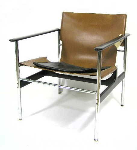 CHARLES POLLACK- 657 - KNOLL - LEATHER SLING CHAIR: LOUNGE CHAIR - MODEL 657 - BLACK & BROWN LEATHER SLING ON CHROME & BLACK ACRYLIC FRAME - NICE CHAIR - MEASURES 28"T- F356