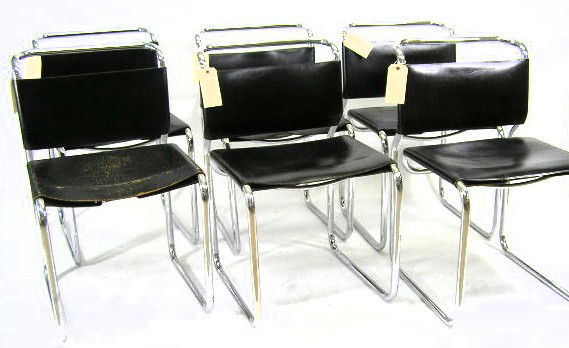 SET OF 6 MORT STAMM LEATHER CHROME SIDE CHAIRS: CIRCA 1928 BY KNOLL - STAMM WORKED AT THE BAUHAUS SCHOOL OF DESIGN BETWEEN WWI & WWII ALONG WITH MILES VAN DER ROHE AND MARCEL BREUER - EACH MEASURES 31"T - F573