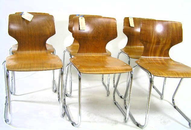 LOT 6 PRIMO RUTGERS PAGID GERMANY MOLDED WOOD SIDE: LONDON BASED - CIRCA 1950 STACKED SLED BASED CHAIR WITH CHROME FRAME - EACH WITH ORIGINAL LABEL - EACH CHAIR MEASURES 31"T - F324