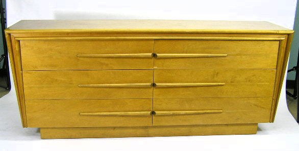 RETRO - STREAMLINE BLONDE 6 DRAWER DRESSER: REFINISHED FLAMING BIRCH WOOD - MEASURES 32" X 78" X 20" - F402