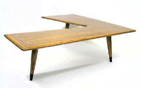 JET AGE - ANDRE BUS - COFFEE TABLE - LANE: BRANDED ON BOTTOM - DOVETAILED TOP CONSTRUCTION - NICE OLD ORIGINAL PATINA - WALNUT - RESEMBLES JET AIRPLANE - MEASURE 15" T X 44" X 48"