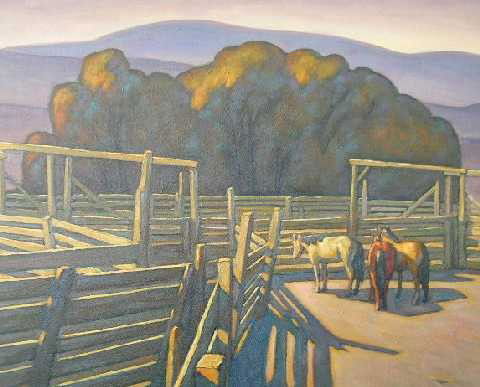 Howard Post - American (B 1948-) Oil on Canvas Pai: "In the Horse Pen" - 30" x 30" in fine custom frame - Known for his paintings of cattle, cowboys, rodeo arenas, and ranch life, Howard Post is an impressionist painter who portrays the contemporary We