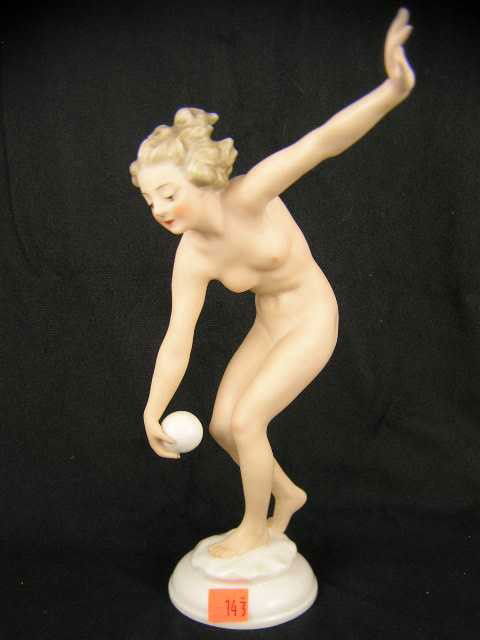 Antique Hutschenreuther Art Deco Nude Figurine: Mark on bottom "U.S. Zone" featuring nude woman throwing ball - stands 11" tall.