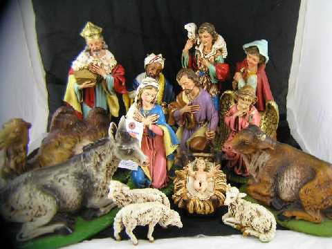 Vintage Italian Paper Mache 14-Pc Nativity Set: Tallest figure measures 14" - Each stamped "Made in Italy" with price of $1.98 or less.