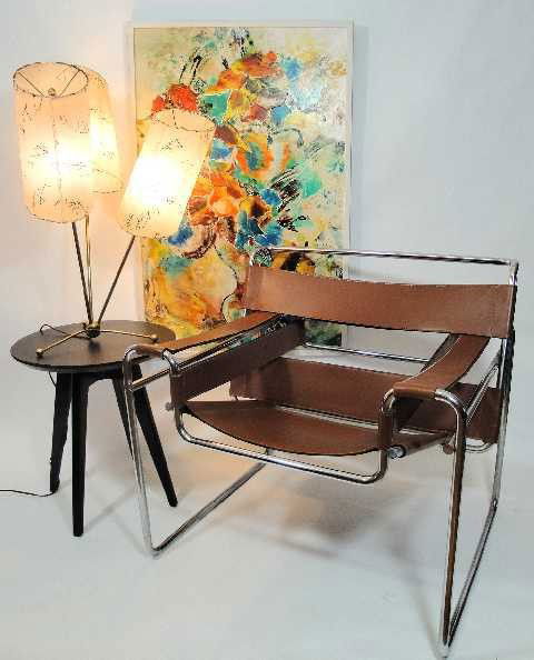 Marcel Breuer Wassily #B3 Chair - Gavina: KNOLL - Circa 1960's - Tubular Steel with medium brown leather - still bears the Gavina label on bottom *This lot is for pictured chair only, NOT table,lamp or painting