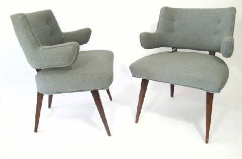 VTG American Made - Jens Risom Style PR Arm Chairs: Measures 31.5"Hx22"Lx20"W - In old blue wool covering - Some wear to finish & covering, see pics.