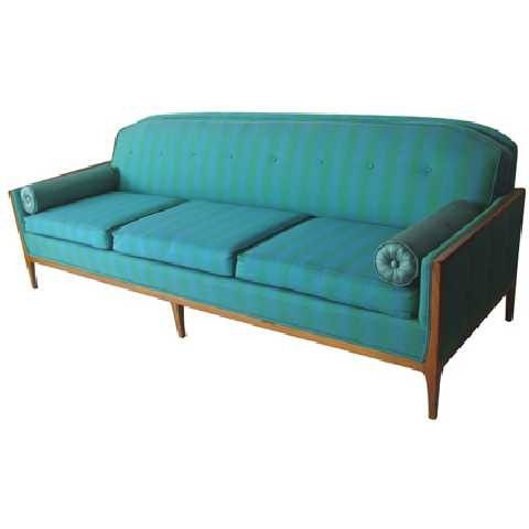 Possibly Bertha Schaefer Singer & Sons Sofa: In the style of - Unmarked - Measures 31"Hx7'Lx31"W - Upholstered in striped green & teal silk